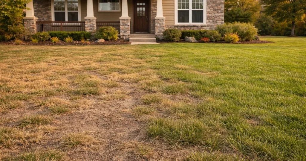 Thin fescue lawn damaged by summer heat and drought
