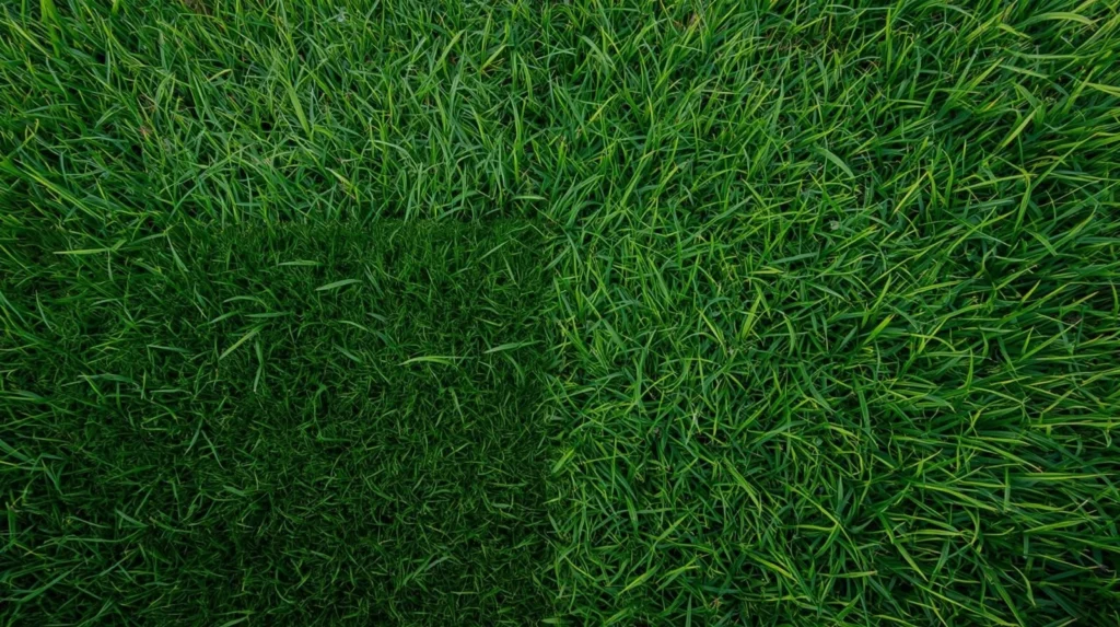 Healthy lawn showing tall fescue and fine fescue grass types in a suburban yard.