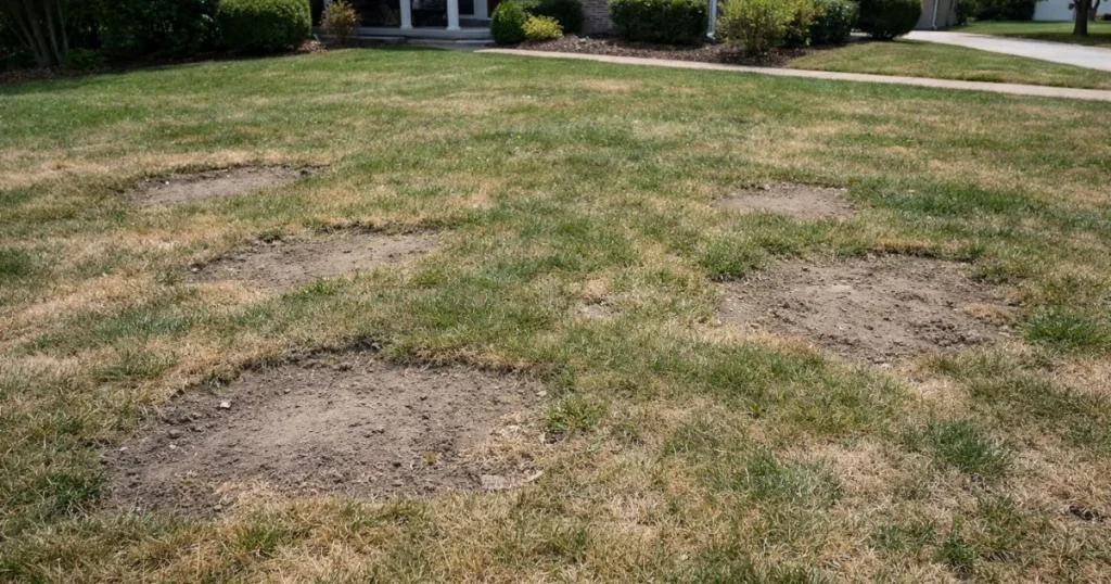 Thin lawn with bare spots and weak grass