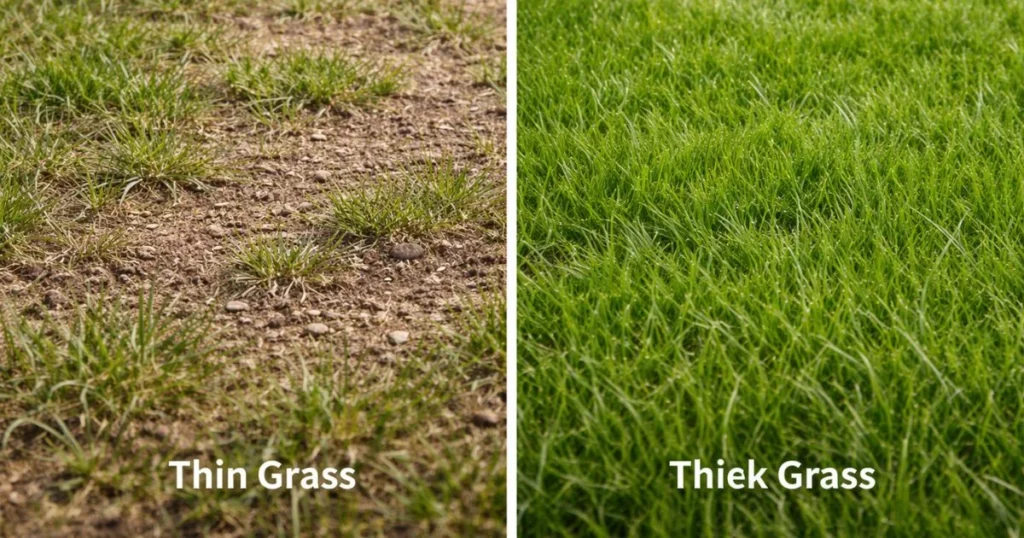Thin lawn compared to thick healthy grass after overseeding