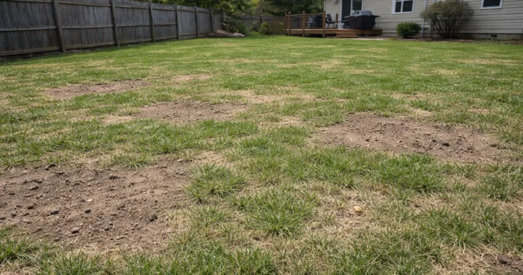 Thin lawn with bare spots that needs overseeding