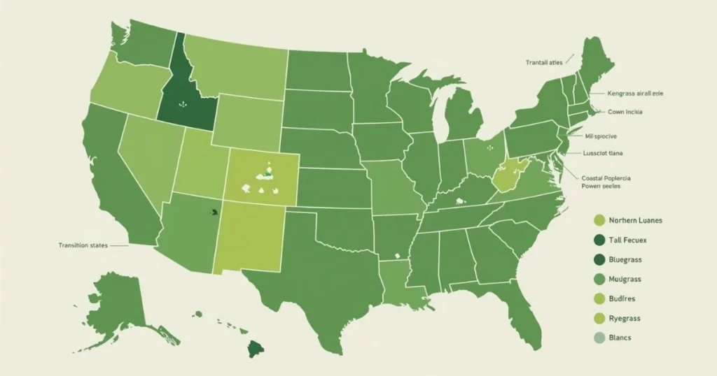 US map showing recommended grass types for different climates and zones.