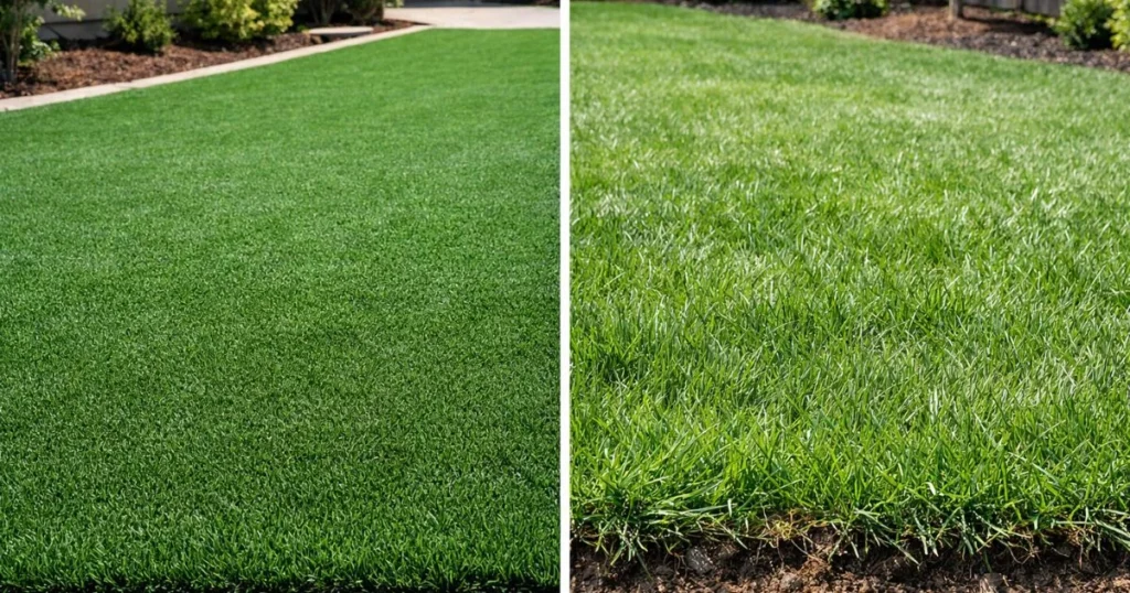 Turf vs sod lawn comparison showing artificial turf and natural sod