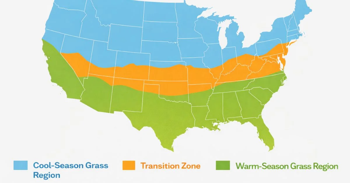 map showing cool season warm season and transition lawn grass regions in the united states