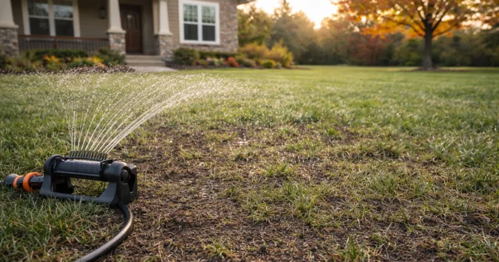 Watering newly overseeded fescue lawn in fall