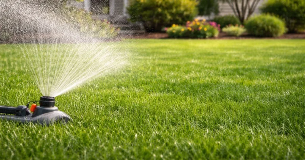 Watering lawn after overseeding to keep soil moist