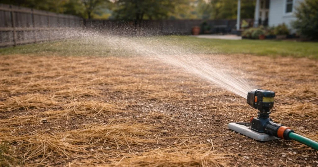 Watering grass seed lightly after planting