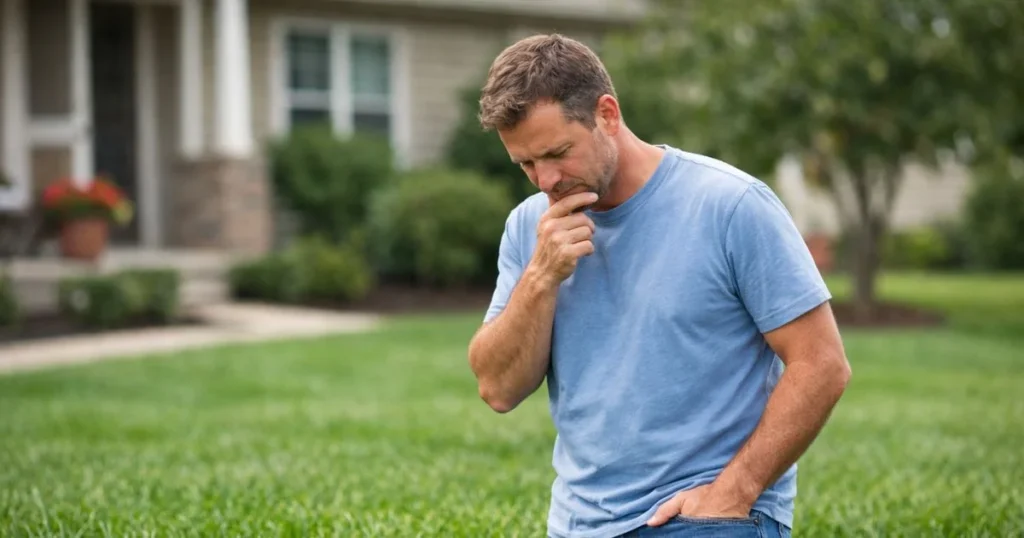 Homeowner looking at their lawn to identify grass type