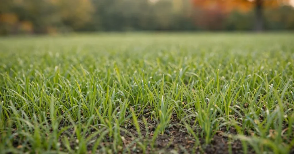 Young fescue grass growing after fall overseeding