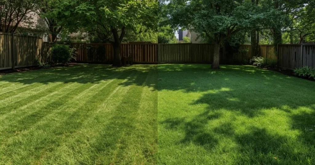 Zoysia grass in sunny yard and fescue grass in shaded yard
