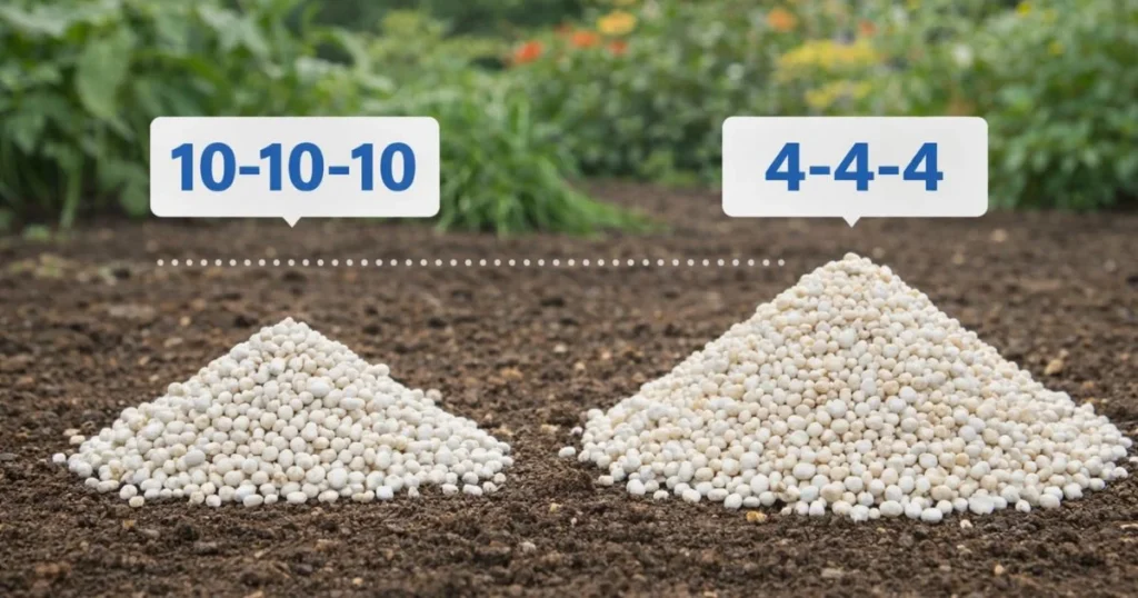 Comparison showing more 4-4-4 fertilizer needed than 10-10-10