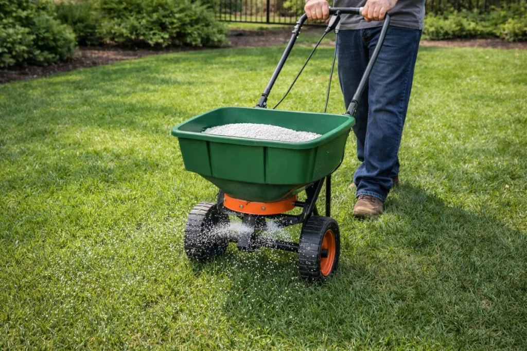 Applying lime or sulfur to adjust lawn soil pH