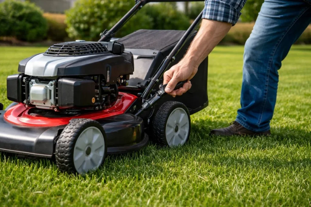 Adjusting lawn mower height before mowing grass