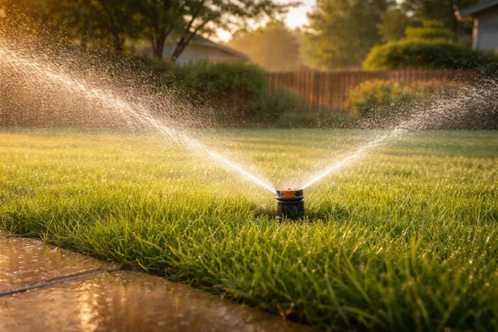 Adjusting lawn sprinkler for proper water coverage on grass