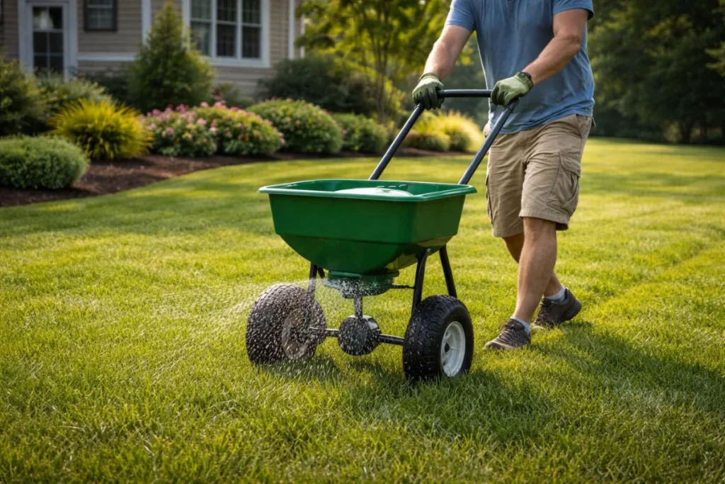 Homeowner applying fungicide to lawn using spreader