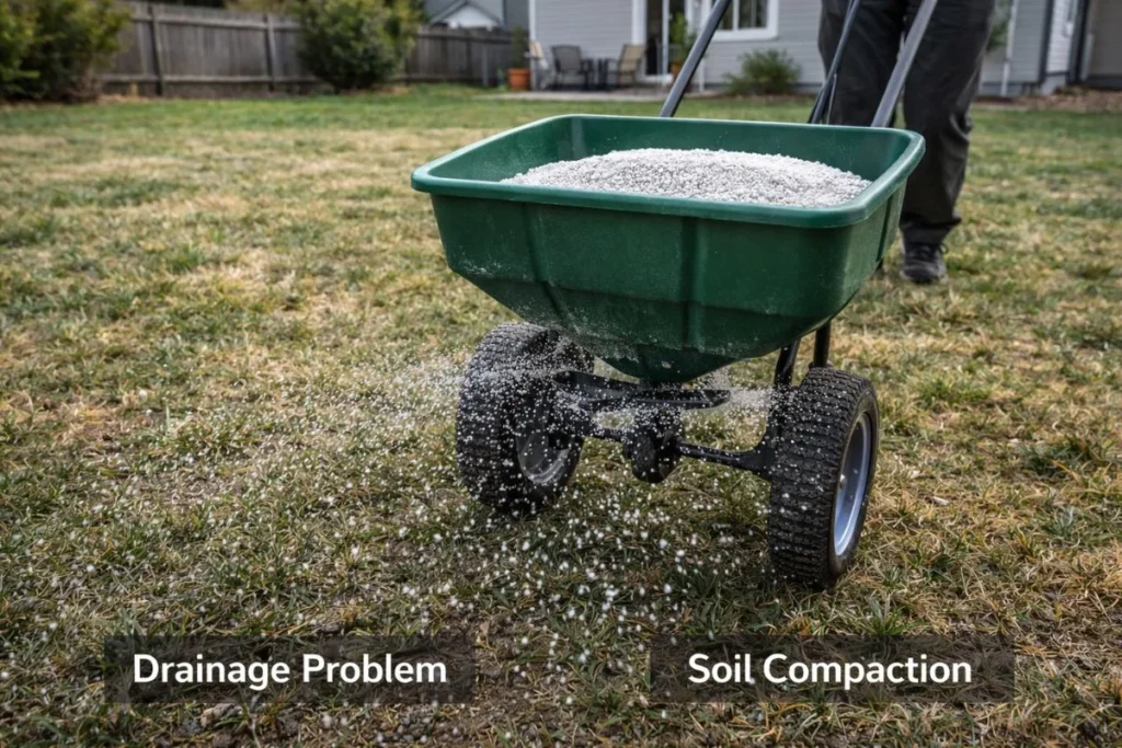Applying gypsum to lawn using spreader
