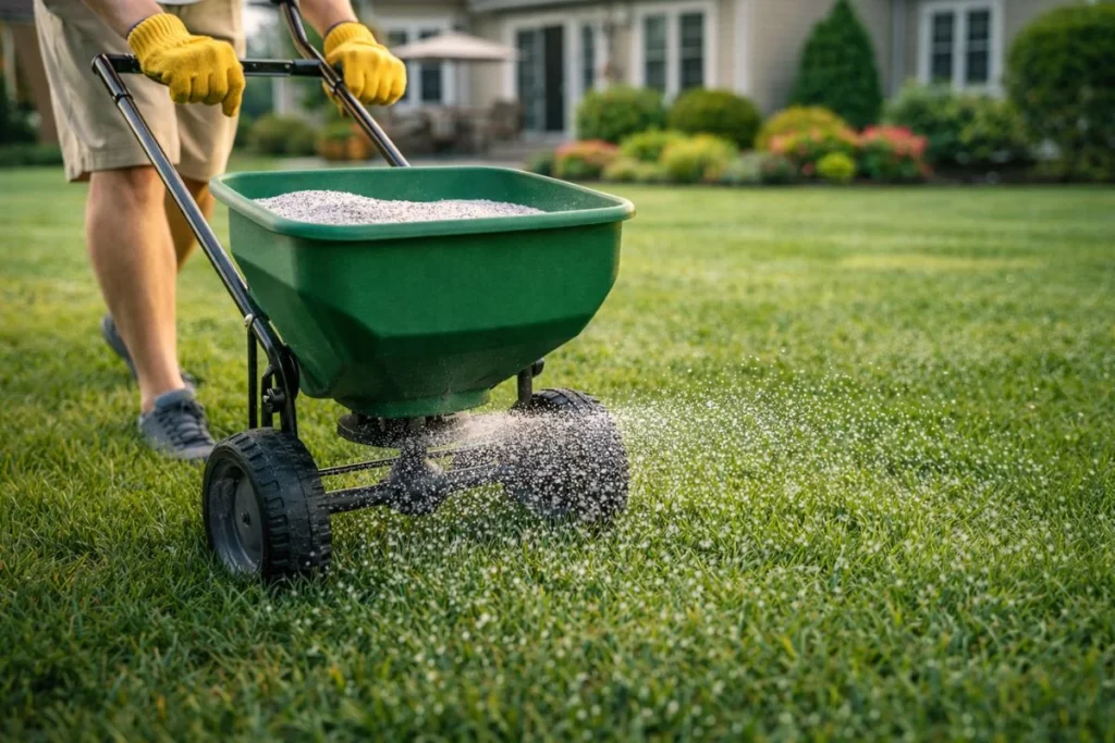 Applying fungicide treatment to lawn fungus affected grass