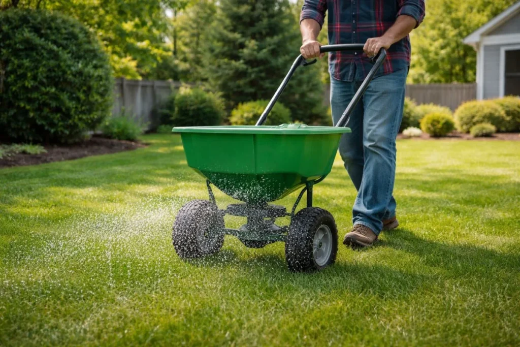 Applying lime to a lawn using a broadcast spreader
