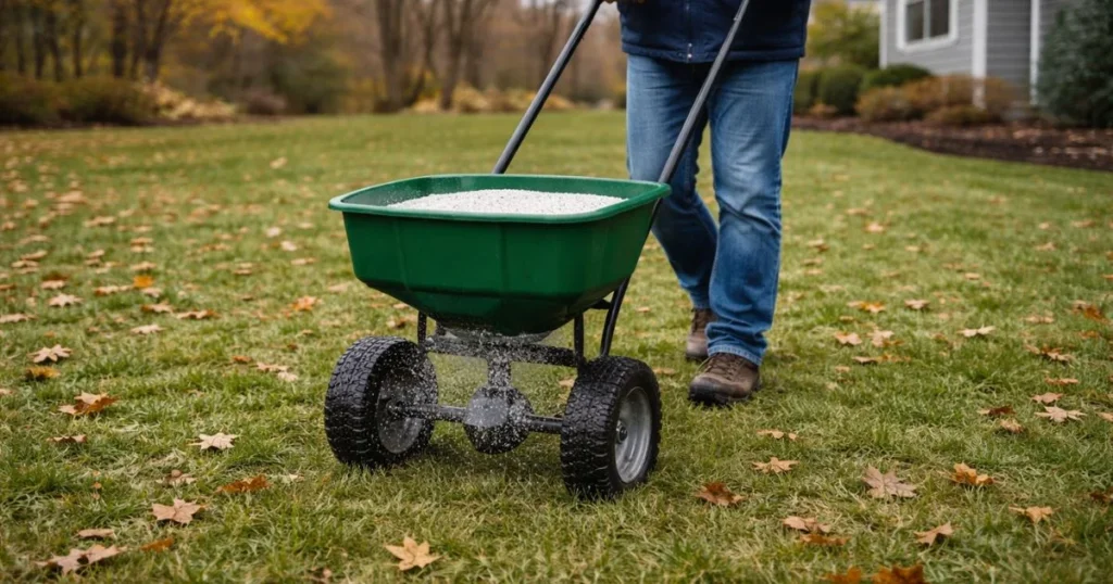 Even application of winterizer fertilizer on lawn using a spreader