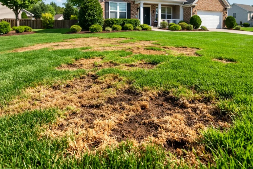 Brown patches in lawn caused by army worms feeding damage