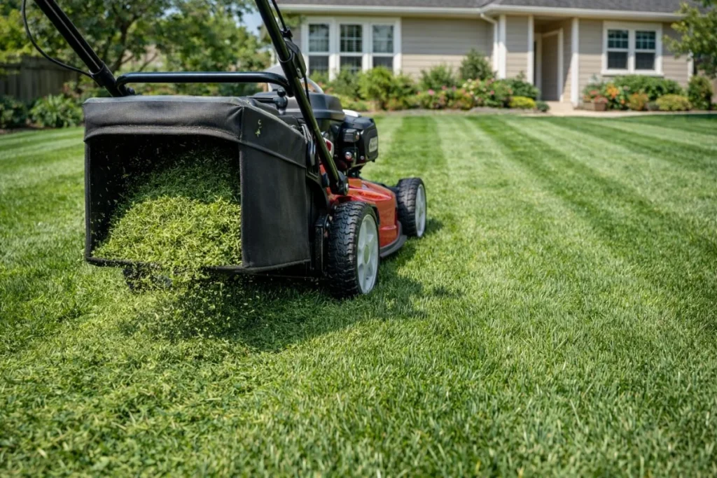 Lawn mower collecting grass clippings using bag attachment