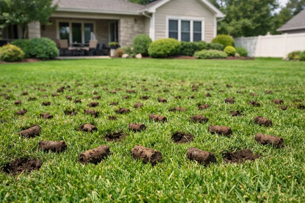 benefits of aerating lawn with visible soil plugs