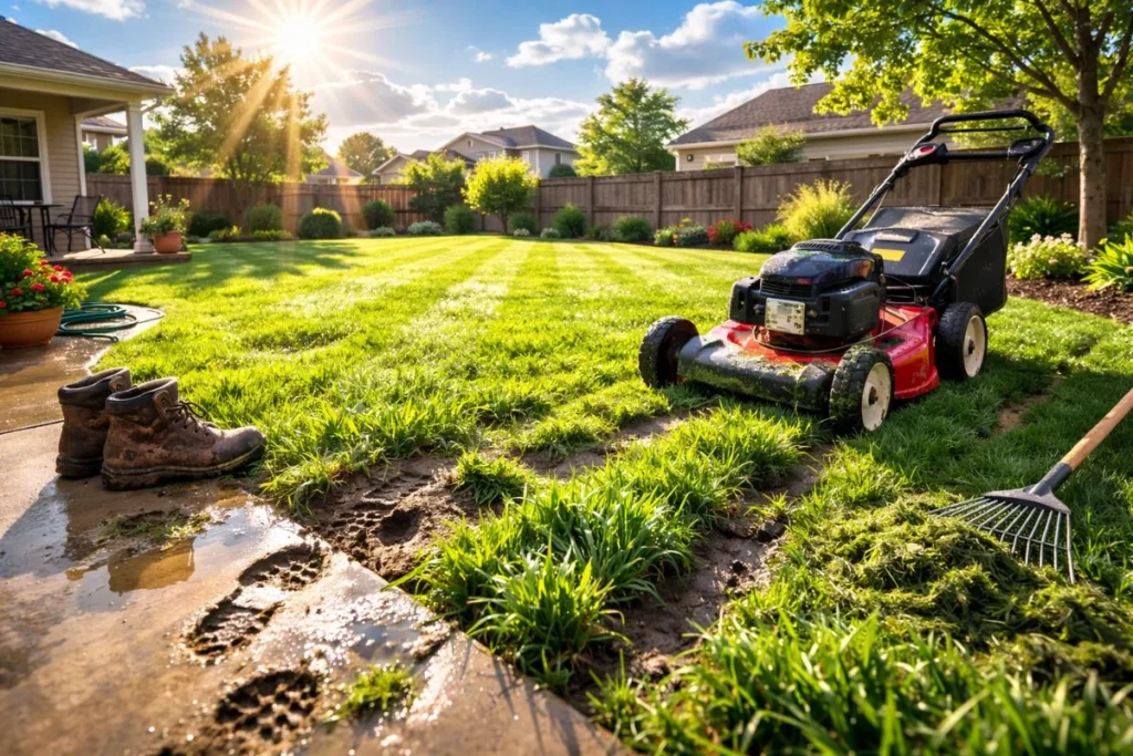 dry lawn ready for mowing in late morning sunlight