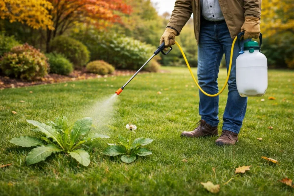 Homeowner spraying broadleaf weeds in fall lawn
