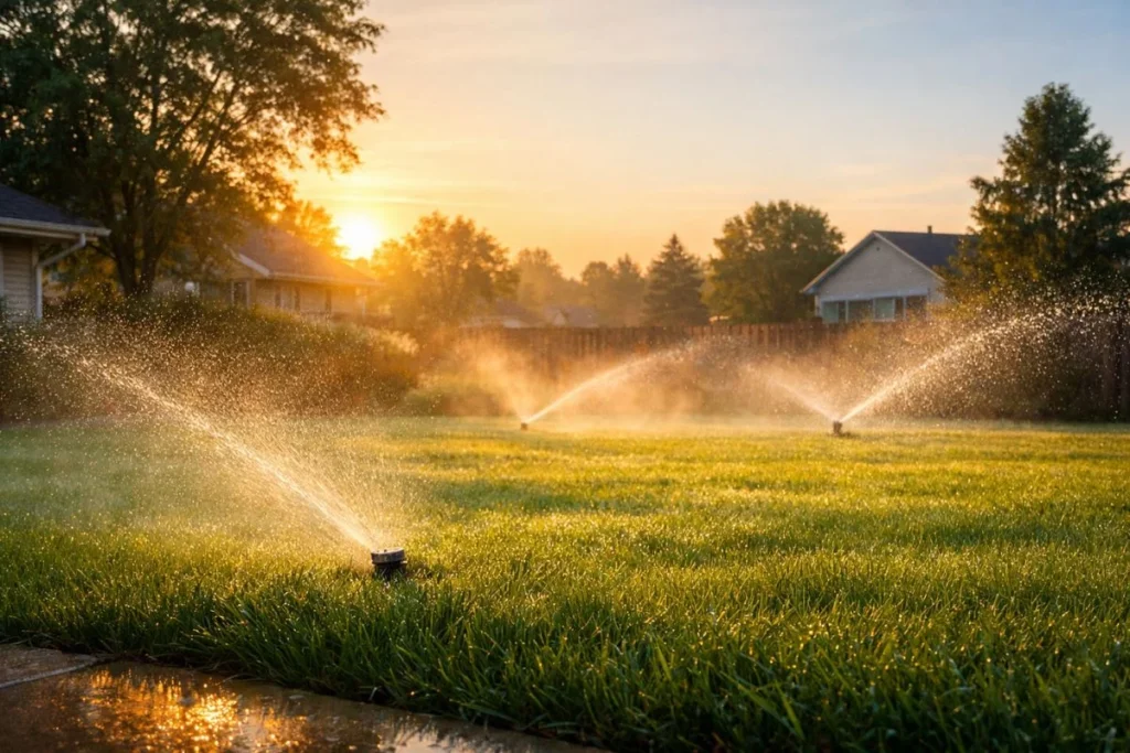 Best time to water lawn early morning with sprinklers running at sunrise