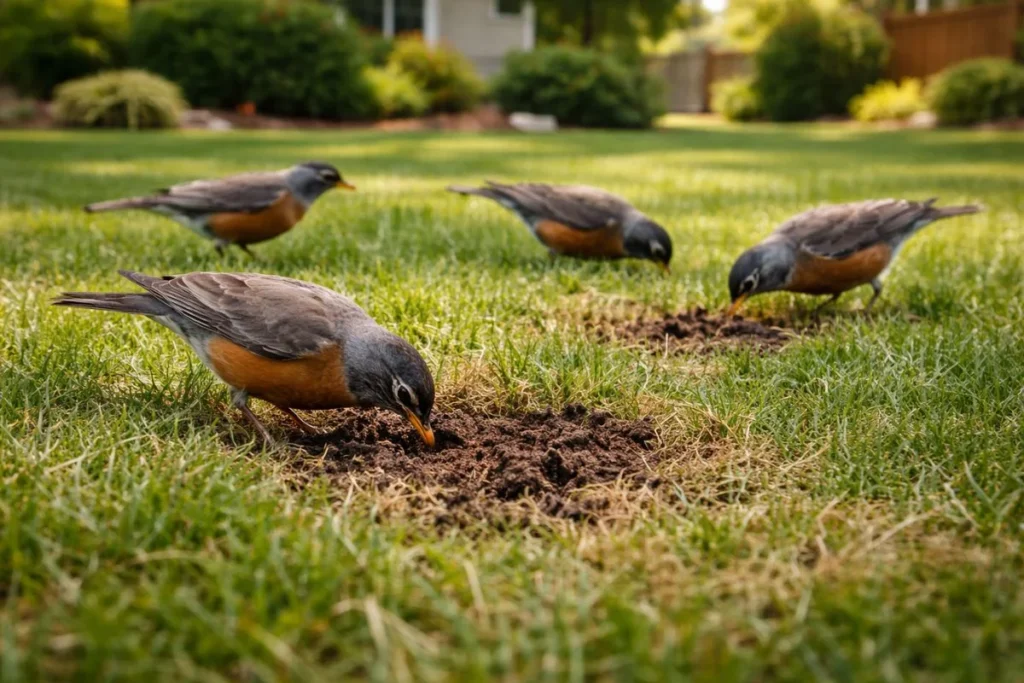 Birds digging in lawn searching for grubs