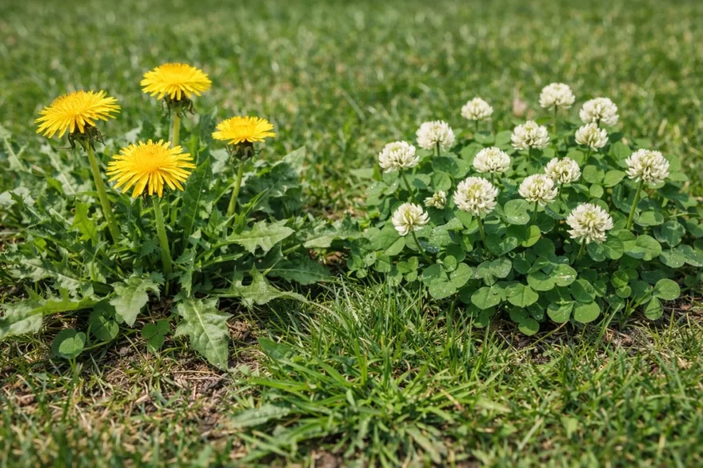 Close-up of broadleaf lawn weeds such as dandelion and clover in grass