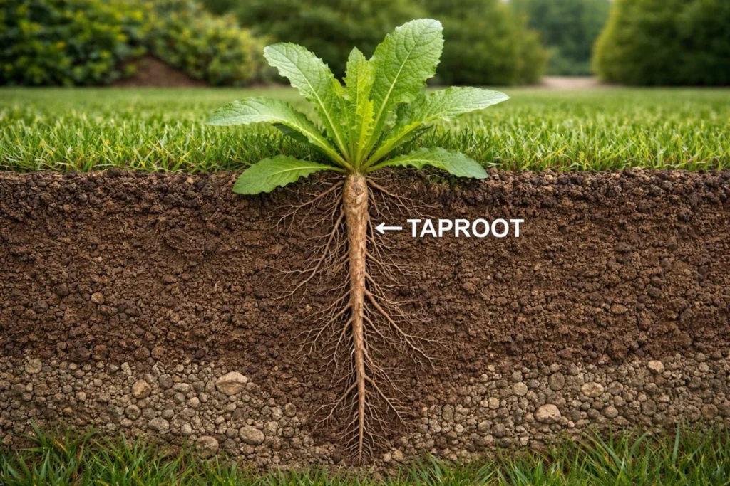 Broadleaf weed taproot growing deep into soil