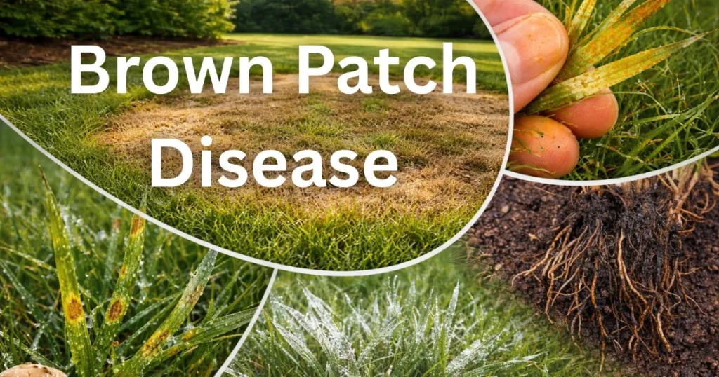 Lawn grass with circular brown patches showing symptoms of brown patch disease