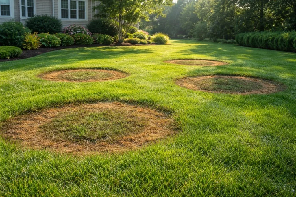 Brown patch disease forming circular brown patches on a green lawn during summer