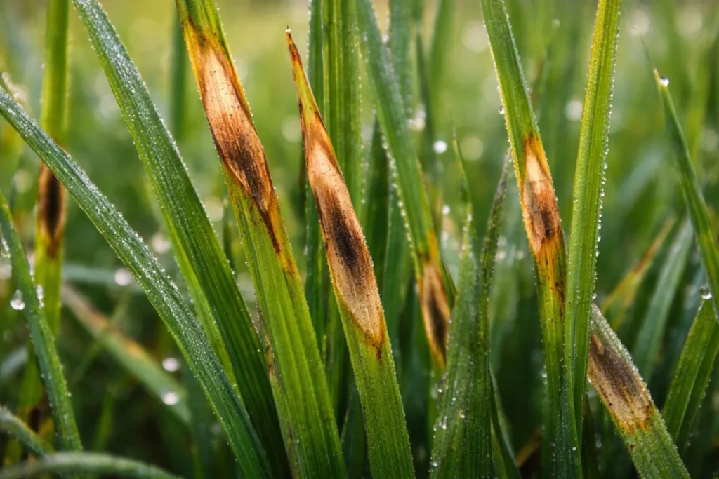 Close-up of grass blade lesions caused by brown patch fungus