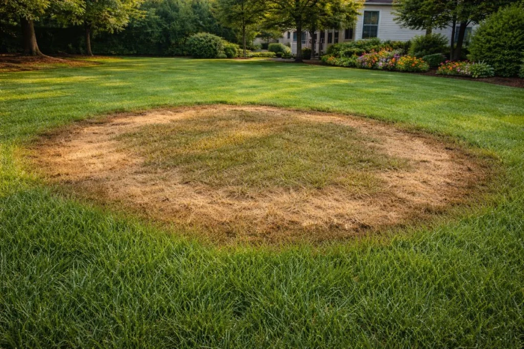 Brown patch lawn fungus with dark outer ring in tall fescue grass