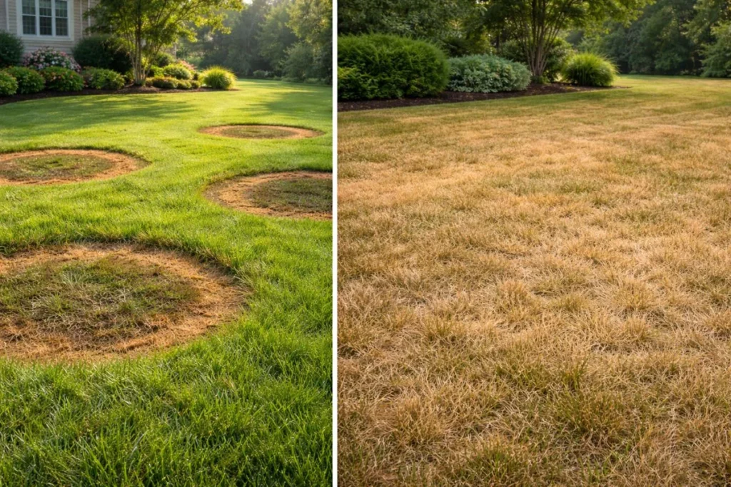 Side by side comparison of brown patch circular damage and uniform drought stress on lawn