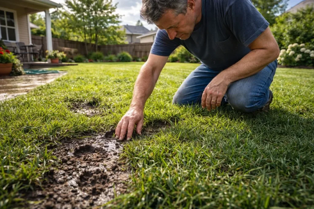 homeowner inspecting lawn condition after rainfall