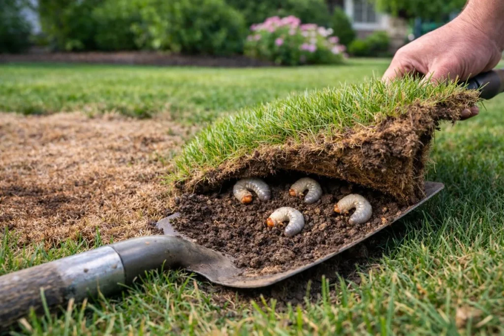 Homeowner checking lawn soil for Japanese beetle grubs