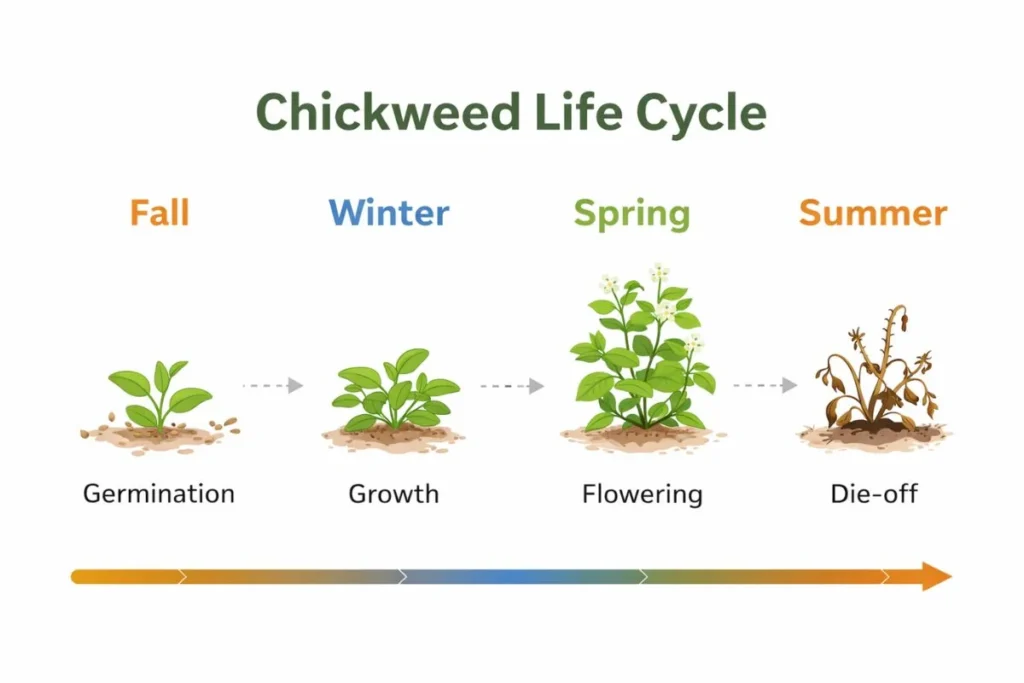 Chickweed life cycle from fall germination to summer die-off