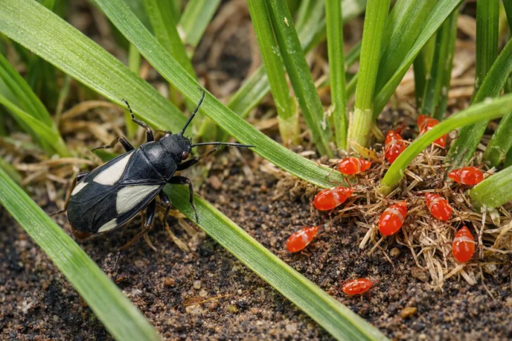 Close up of adult and nymph chinch bugs on grass blades