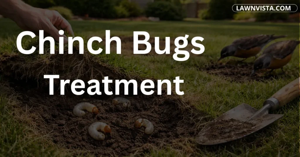 Lawn with yellow and dry patches caused by chinch bugs showing treatment and control methods