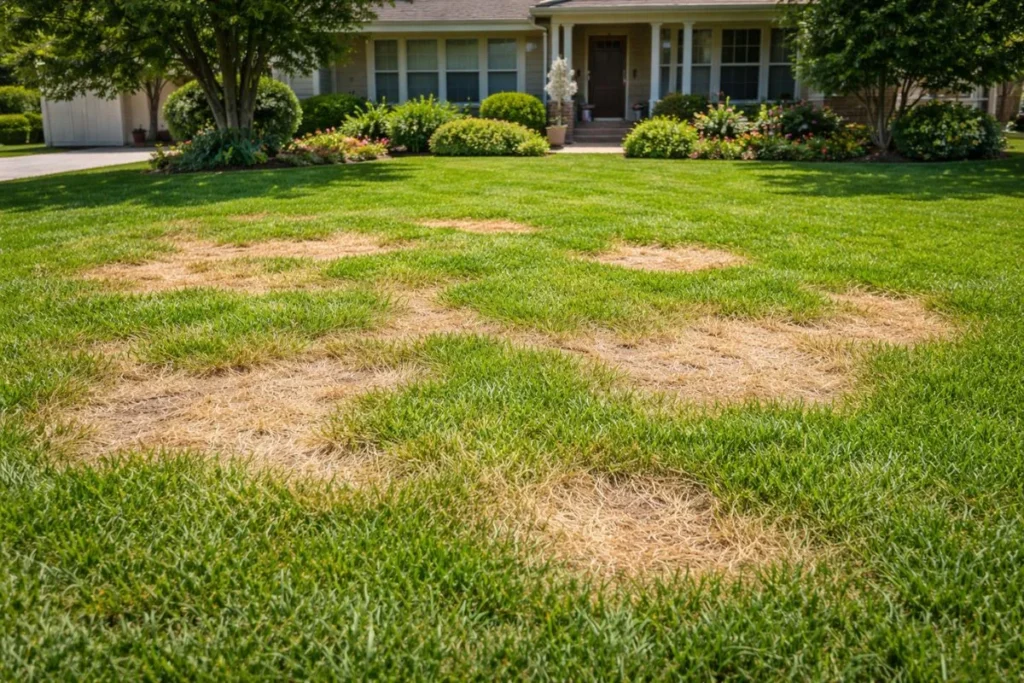 Chinch bugs causing brown patches in a St. Augustine lawn during summer