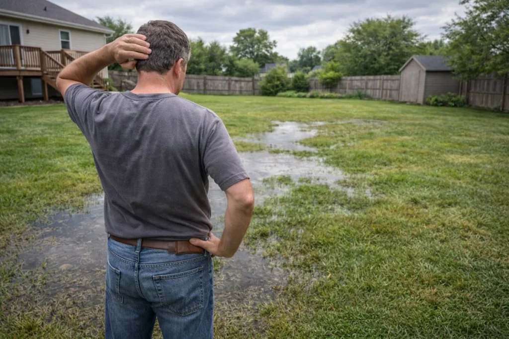 Homeowner deciding which lawn drainage solution to use