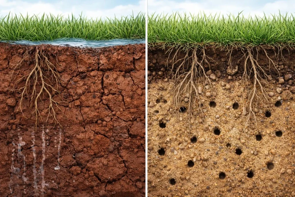 Clay soil versus sandy soil showing different drainage and compaction levels