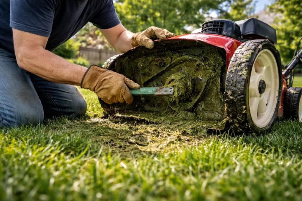 cleaning mower deck after mowing wet grass