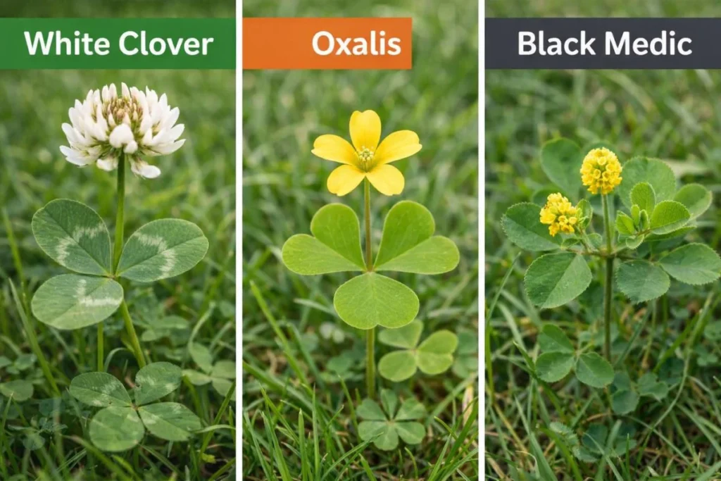 comparison of white clover oxalis and black medic plants