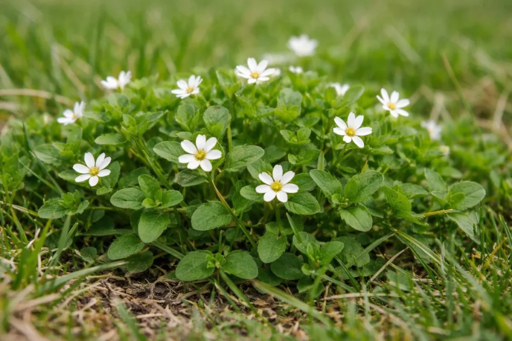Common chickweed identification with white flowers and smooth leaves