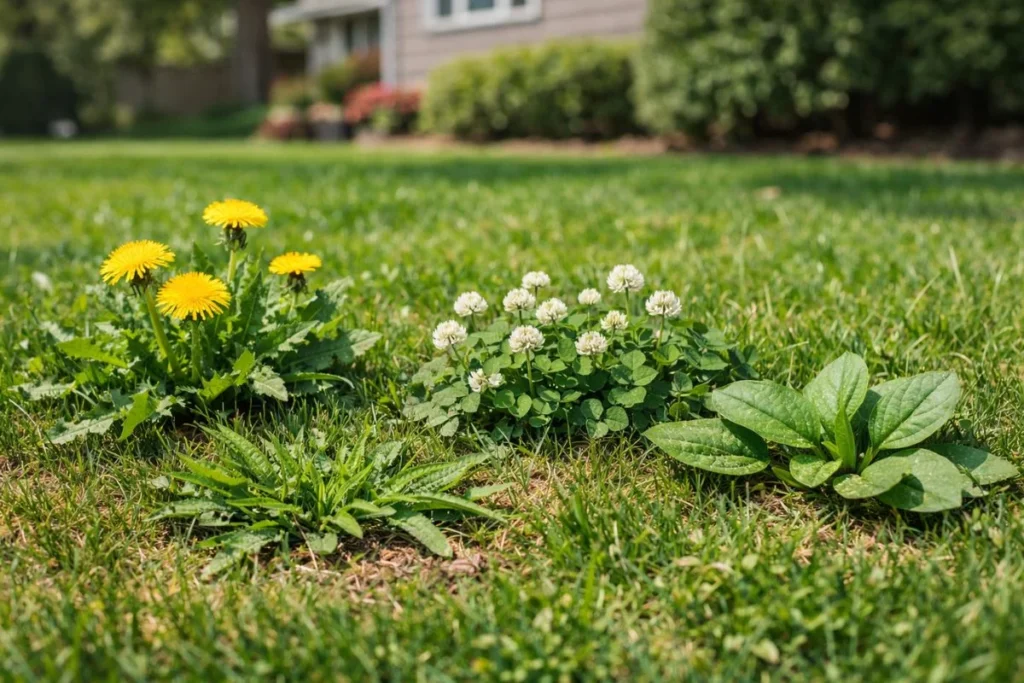 Common lawn weeds growing in a residential yard including dandelion, crabgrass, and clover