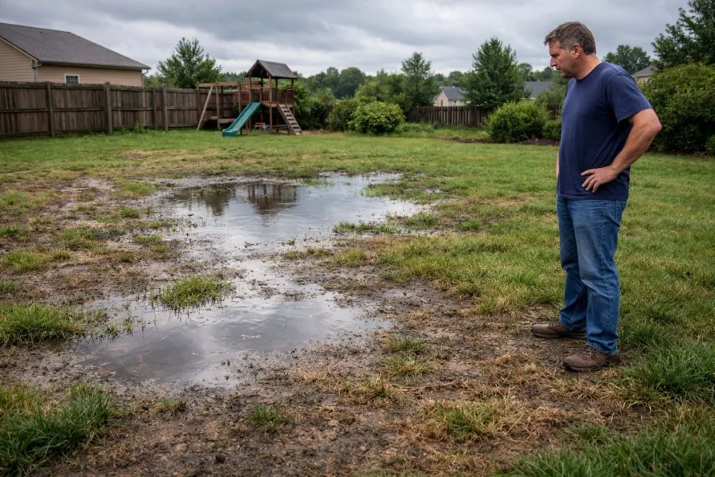 lawn with compacted soil and water pooling